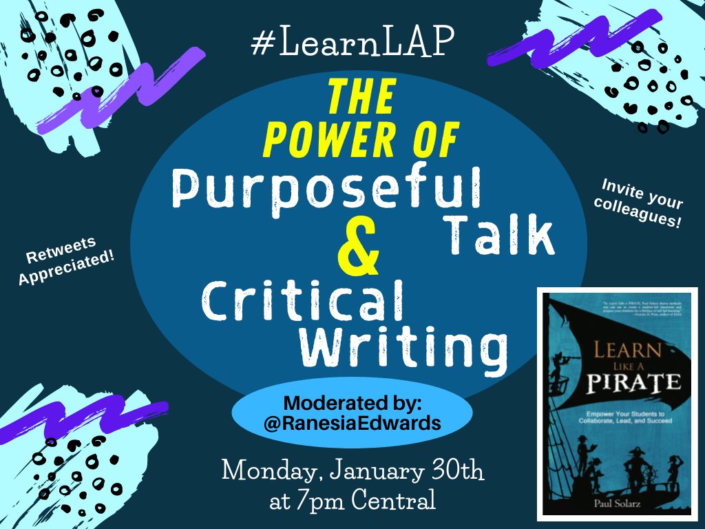 Learn Like a PIRATE (@learnlap) on Twitter photo Welcome to #LearnLAP!
@RanesiaEdwards is tonight's moderator, but the questions will be sent out from the <a href="/LearnLAP/">Learn Like a PIRATE</a> Twitter account.
Please remember to use the #LearnLAP hashtag with all of your answers, and extend conversations with others!
So, who is joining us tonight? Welcome to #LearnLAP!
@RanesiaEdwards is tonight's moderator, but the questions will be sent out from the <a href="/LearnLAP/">Learn Like a PIRATE</a> Twitter account.
Please remember to use the #LearnLAP hashtag with all of your answers, and extend conversations with others!
So, who is joining us tonight?