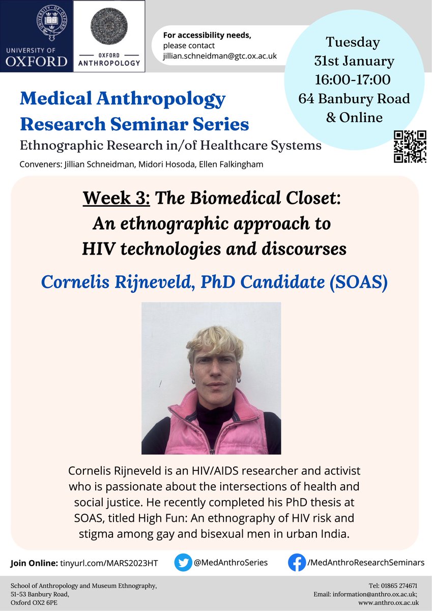 We are so excited to welcome Cornelis Rijneveld from <a href="/SOASanthro/">SOAS Department Of Anthropology</a> for week 3 of our seminar series.

Talk is titled 'The Biomedical Closet: An ethnographic approach to HIV technologies and discourses'

Please join us tomorrow online and in-person at 4 PM

#anthrotwitter