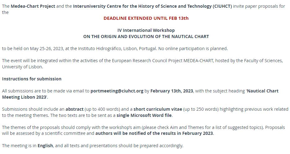 The deadline was extended for abstract submissions until Feb 13 #portmeeting #institutohidrografico #lisbon #historyofcartography #nauticalcharts portmeeting.org