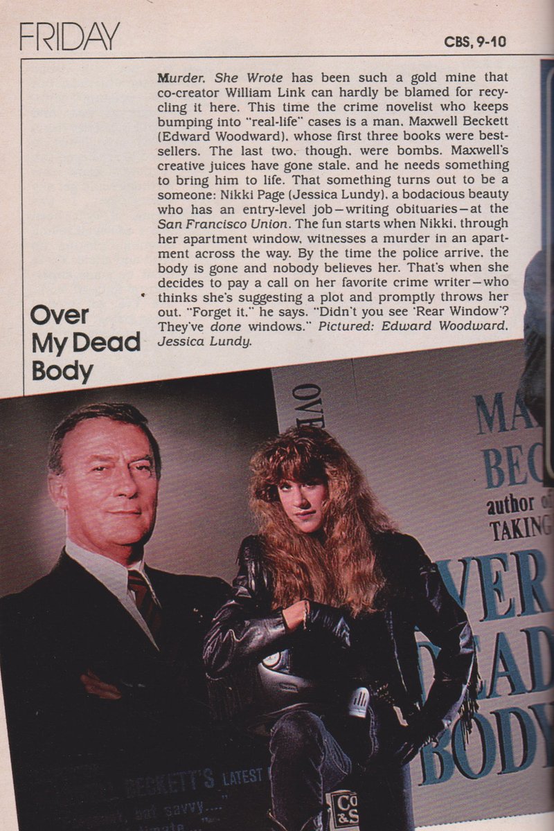 OVER MY DEAD BODY. 1990. 

Edward Woodward, Jessica Lundy. #OverMyDeadBody #TVGuide