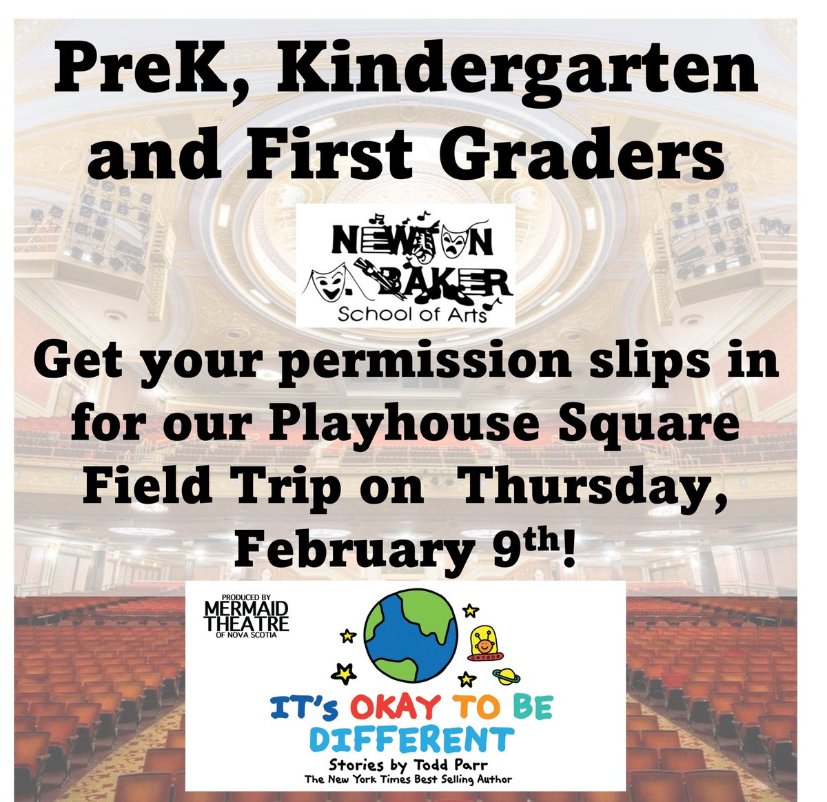 #NDBSOA PreK, Kindergarten and First Graders get your permission slips in for our Playhouse Square Field Trip on Thursday, February 9th!  @Get2schoolcle @Ericgordon_CEO @Clemetroschools @Oheducation <a href="/teachcle_cmsd/">Teach Cleveland</a> @Westparkkamms <a href="/CityofCleveland/">City of Cleveland</a> @KeepGoingCLE <a href="/playhousesquare/">Playhouse Square</a>