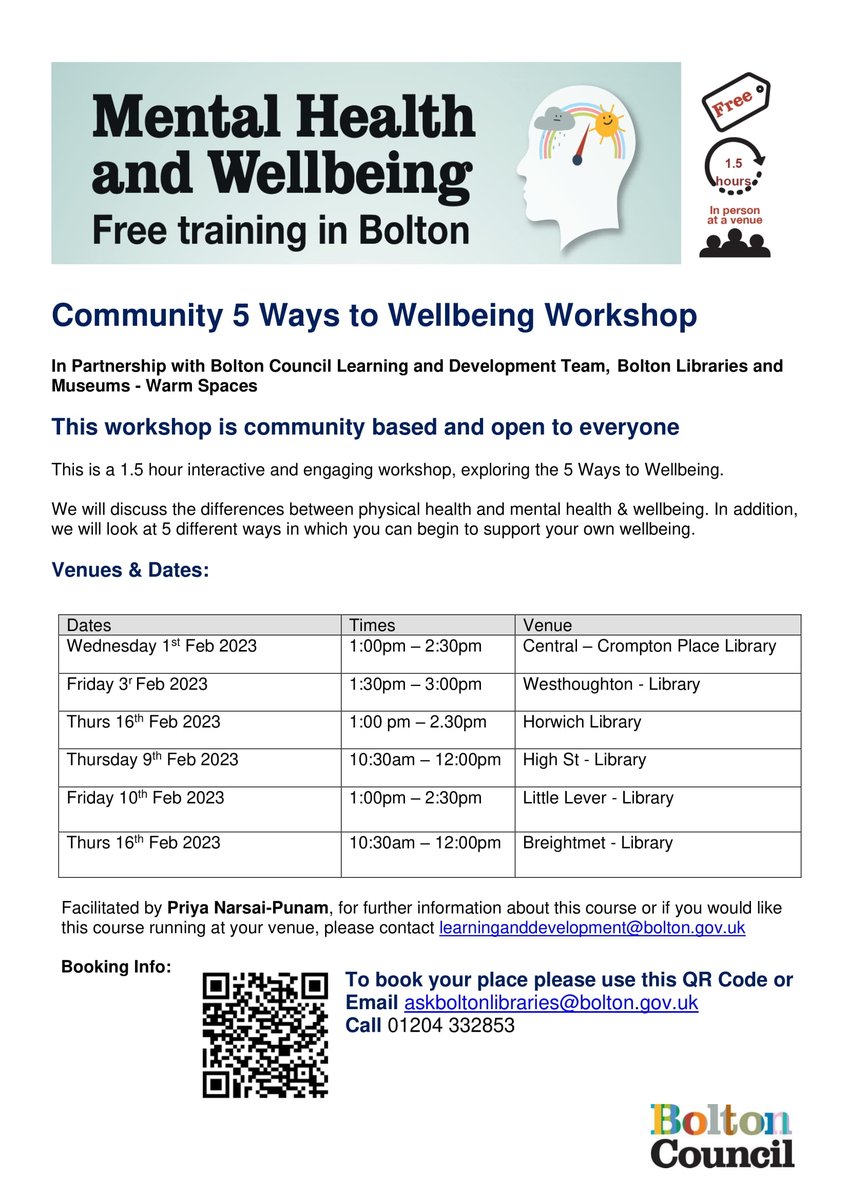 Mental Health and Wellbeing Free training in Bolton!🧠
This workshop is community based and open to everyone.

Next session:
👉Wednesday 1st Feb 
👉1-2:30pm
👉Central- Crompton Place libary

See flyer for more information.

#Bolton #Mentalhealth #Wellbeing #Community #Workshops