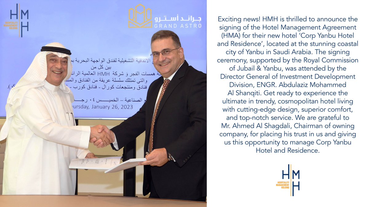 HMHhotelgroup's tweet photo. HMH signs a management agreement for Corp Yanbu Hotel &amp; Residence.

Special thanks to Mr. Ahmed Al-Shagdali and the Royal Commission for Jubail &amp; Yanbu for their generous support.

@ahmadalshgdli 
@ynbcci

#hmhhotelgroup #corpyanbuhotel #yanbu #ksa #hmh #rcjy https://t.co/bV3FrxJ7sf