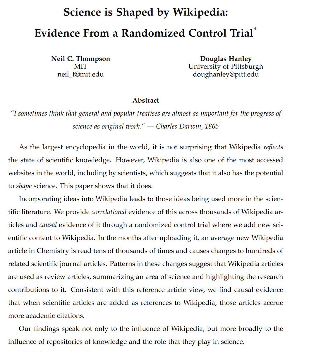 emollick's tweet photo. Wikipedia also shapes the direction of science.

One quality article written by experts on chemistry in Wikipedia influenced the content of 250 published peer-reviewed academic papers! And 1 out of every 830 words in published papers comes from Wikipedia! https://t.co/wvrZJTSfWx https://t.co/Ro5Qtu5tPR