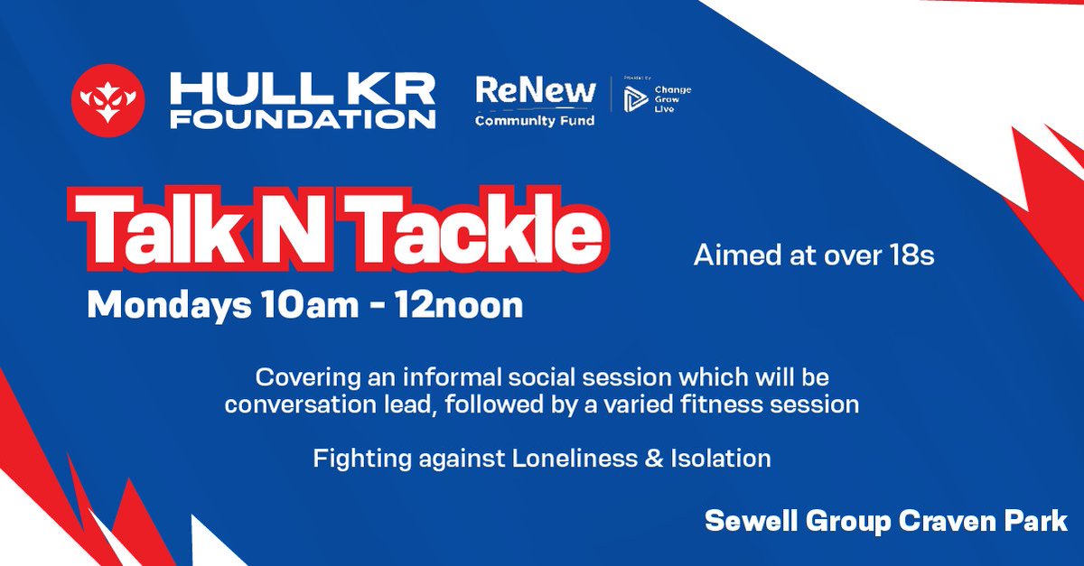 We're just one week away from the launch of the Talk N Tackle project with the <a href="/HKRFoundation/">Hull KR Foundation</a>! 

The aim of the project is to support mental health and to fight against loneliness and isolation.

For more info, email: health@hullkr.co.uk

#RobinsTogether❤️🤍