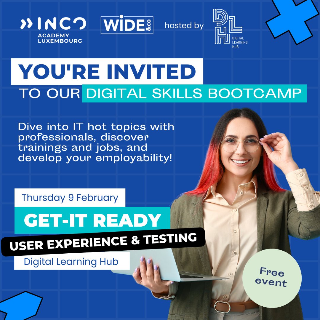 WIDE ANDCO (@wide_lu) on Twitter photo ⏱Time to join our third GET IT-READY workshop in partnership with Inco Academy Luxembourg!
This sesion will be hosted at the <a href="/dlhluxembourg/">Digital Learning Hub Luxembourg</a> on Feb 9th.
Learn about #testing, #UX and #UI Design.
Exclusive visit of the DLH and #coaching.
👉bit.ly/3HH46sZ ⏱Time to join our third GET IT-READY workshop in partnership with Inco Academy Luxembourg!
This sesion will be hosted at the <a href="/dlhluxembourg/">Digital Learning Hub Luxembourg</a> on Feb 9th.
Learn about #testing, #UX and #UI Design.
Exclusive visit of the DLH and #coaching.
👉bit.ly/3HH46sZ
