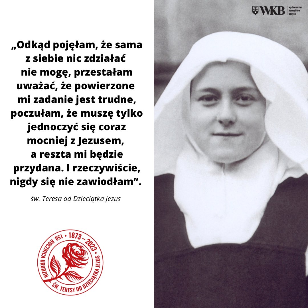 WKB_krakow's tweet photo. Pozdrawiamy poniedziałkowo i przypominamy, że na naszej stronie dostępna jest już nowa biografia świętej Teresy od Dzieciątka Jezus wydana z okazji jej 150. rocznicy urodzin:
https://t.co/qR1Sp9ONld https://t.co/khBegx28Ht