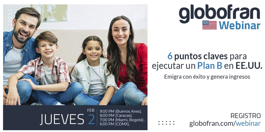 globofran1's tweet photo. Conoce los 6 puntos claves para ejecutar un Plan B en EE.UU..  Emigra con éxito y genera ingresos. Participa en nuestro seminario web el día Jueves 2 de Febrero.

Podrás hacer preguntas a expertos que pudimos traer en esta ocasión especial.  Te esperamos!

https://t.co/mPd6NTo46c https://t.co/Z5qvdz7WNx