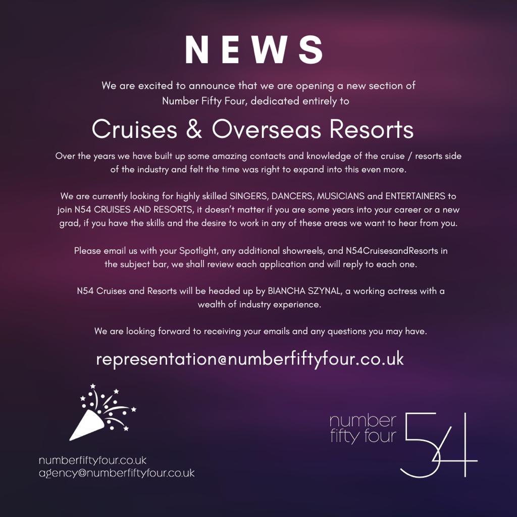 We’re opening a dedicated cruises &amp; overseas resorts section of N54, new agency assistant <a href="/BianchaSzynal/">Biancha-Maria Szynal</a> will be your contact on this, please see our website for more info about her 
📧representation@numberfiftyfour.co.uk

#N54Agency #N54CruisesandResorts #seekingrepresentation