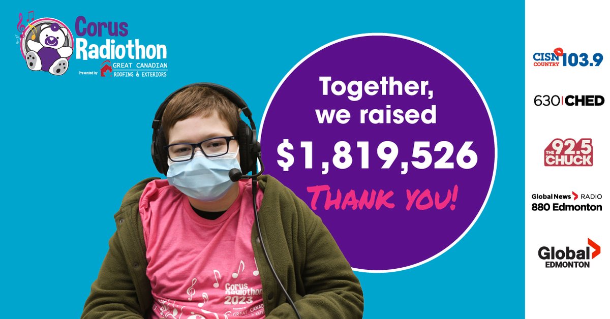 We're thrilled to announce the 24th Annual Corus Radiothon presented by @greatcanroof raised more than $1.8M in support of the Stollery! 🎉 

THANK YOU to all of our donors, sponsors, partners, physicians, researchers and Stollery families who helped make this event possible. 💜