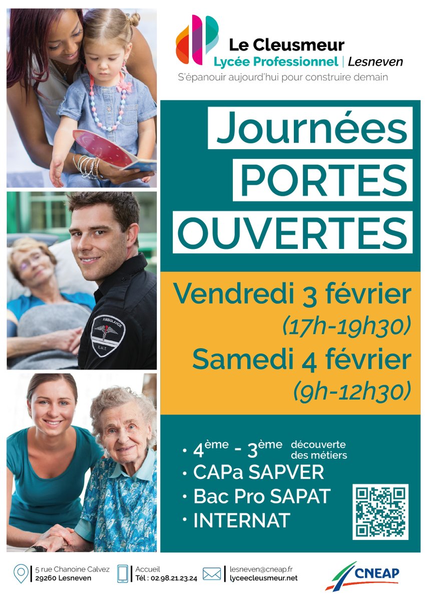 N'oubliez pas ! Journées PORTES OUVERTES au Lycée Le Cleusmeur à Lesneven. Venez découvrir les formations et visitez l'établissement, vendredi 3 et samedi 4 février