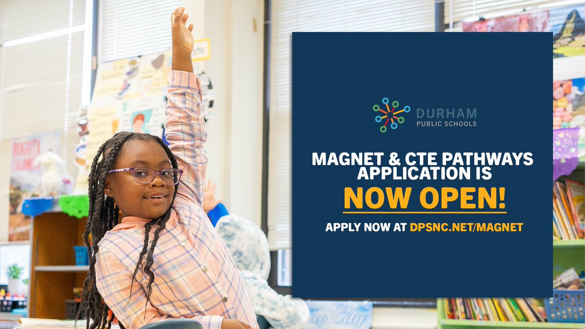 DurhamPublicSch's tweet photo. Don't miss out! The deadline to complete our Magnet/CTE Pathways Lottery Application is Monday, February 6, 2023, at 5 pm. Visit https://t.co/9s9w8bCnUa to apply. #DPSMagnet #DPSCTE #Durham #WeAreDPS https://t.co/UdxiTmRLoH