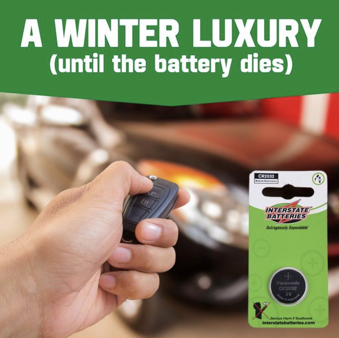 InterstateWDM's tweet photo. Starting your vehicle from your warm,cozy home has to be one of the best feelings!So naturally, when the battery dies it is one of the worst.Get your key fob replacement battery at your local Interstate All Battery Center Today! #InterstateAllBatteryCenter #OutrageouslyDependable https://t.co/T7kT4vxkh2