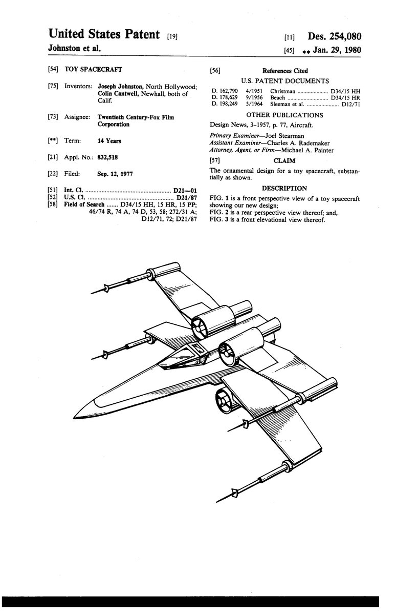 On this date in the history of the #creative industries: Joseph Johnston & Colin Cantwell receive a design #patent in 1980 for their creation of the X-Wing Starfighter first seen in @StarWars. 
@uspto @Disney @Lucasfilm_Ltd @HamillHimself #BullsEyeAWompRat #StayOnTarget