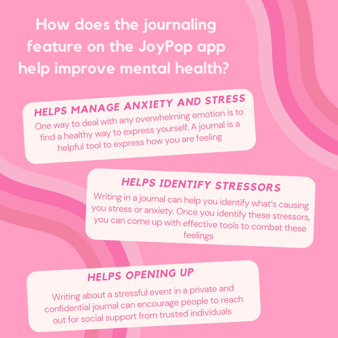 The journaling feature in the #JoyPop app helps improve #mentalHealth and build #resilience? Research suggests that journaling helps manage #anxiety and #stress , helps identify #stressors to find effective solutions, and helps individuals open up to others 
<a href="/DrWekerle/">Dr.Christine Wekerle</a>