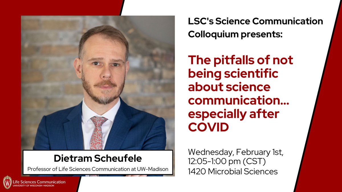 UW-Madison LSC (@uw_lsc) on Twitter photo This Wednesday (2/1), LSC will kick off its #scicomm colloquium series with LSC professor <a href="/scheufele/">dietram a. scheufele</a> presenting on "The pitfalls of not being scientific about science communication… especially after COVID."
All are welcome! #UWLSC700 This Wednesday (2/1), LSC will kick off its #scicomm colloquium series with LSC professor <a href="/scheufele/">dietram a. scheufele</a> presenting on "The pitfalls of not being scientific about science communication… especially after COVID."
All are welcome! #UWLSC700
