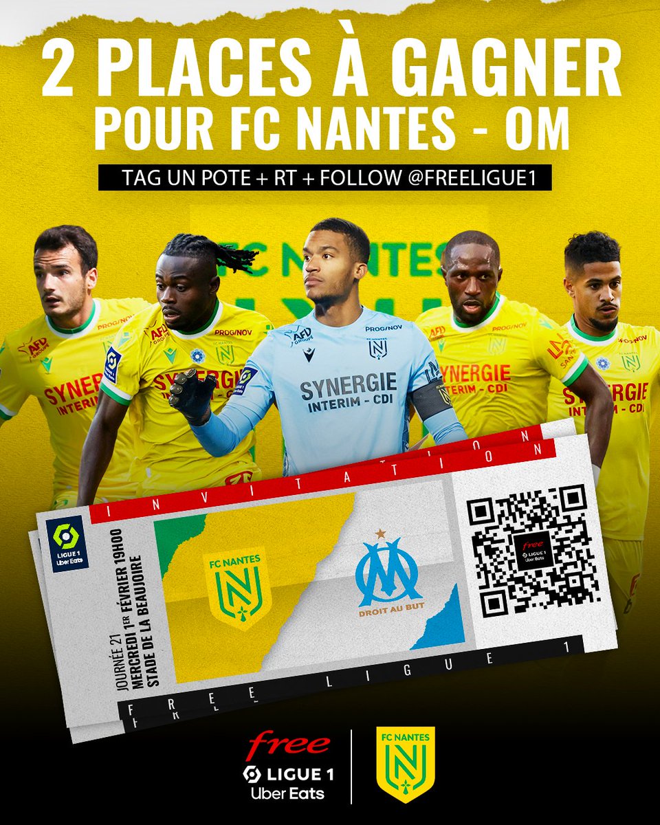 [#JeuConcours 🎁] T'es supporter du <a href="/FCNantes/">FC Nantes</a> et tu n'as pas de places pour assister au match face à l'#OM mercredi ? On a ce qu'il faut 🎟️

Pour tenter ta chance :
👉 RT + Follow <a href="/FreeLigue1/">Free Ligue 1</a> 
👉 Tag ton pote fan du #FCNantes 

Tirage demain à 17h. 

#FCNOM