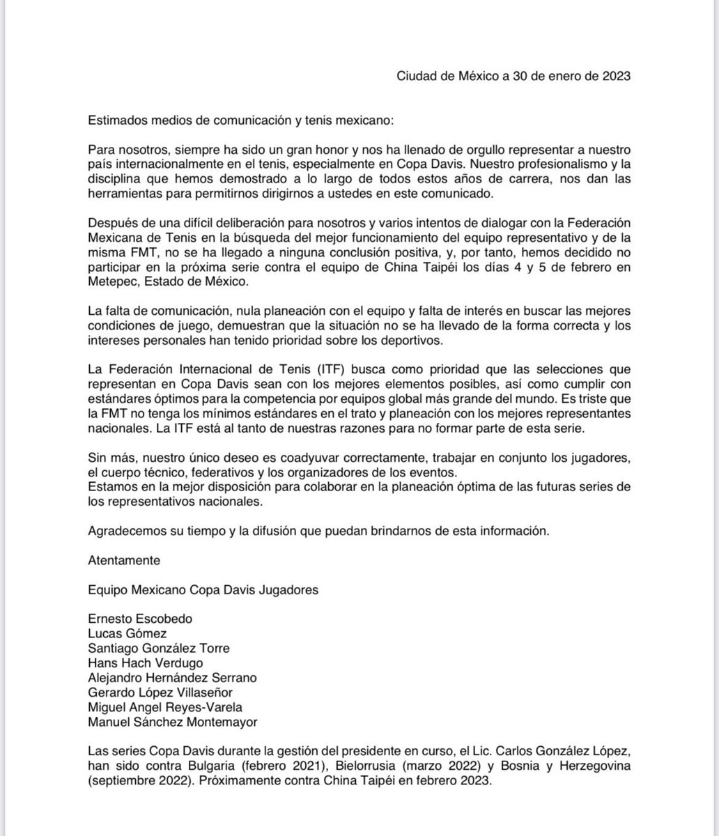 Comunicado oficial a medios de comunicación y tenis mexicano.

🎾🇲🇽
Razones por las cuales no estamos participando en la Copa Davis México vs China Taipéi en Metepec, Estado de México, 4 y 5 de febrero.

Equipo Mexicano Copa Davis Jugadores

30 de Enero del 2023