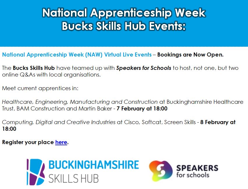 Register your place at these two amazing events here:
forms.office.com/pages/response…
#bucksskillshub #NationalApprenticeshipWeek #SpeakersForSchools #highcrestacademy