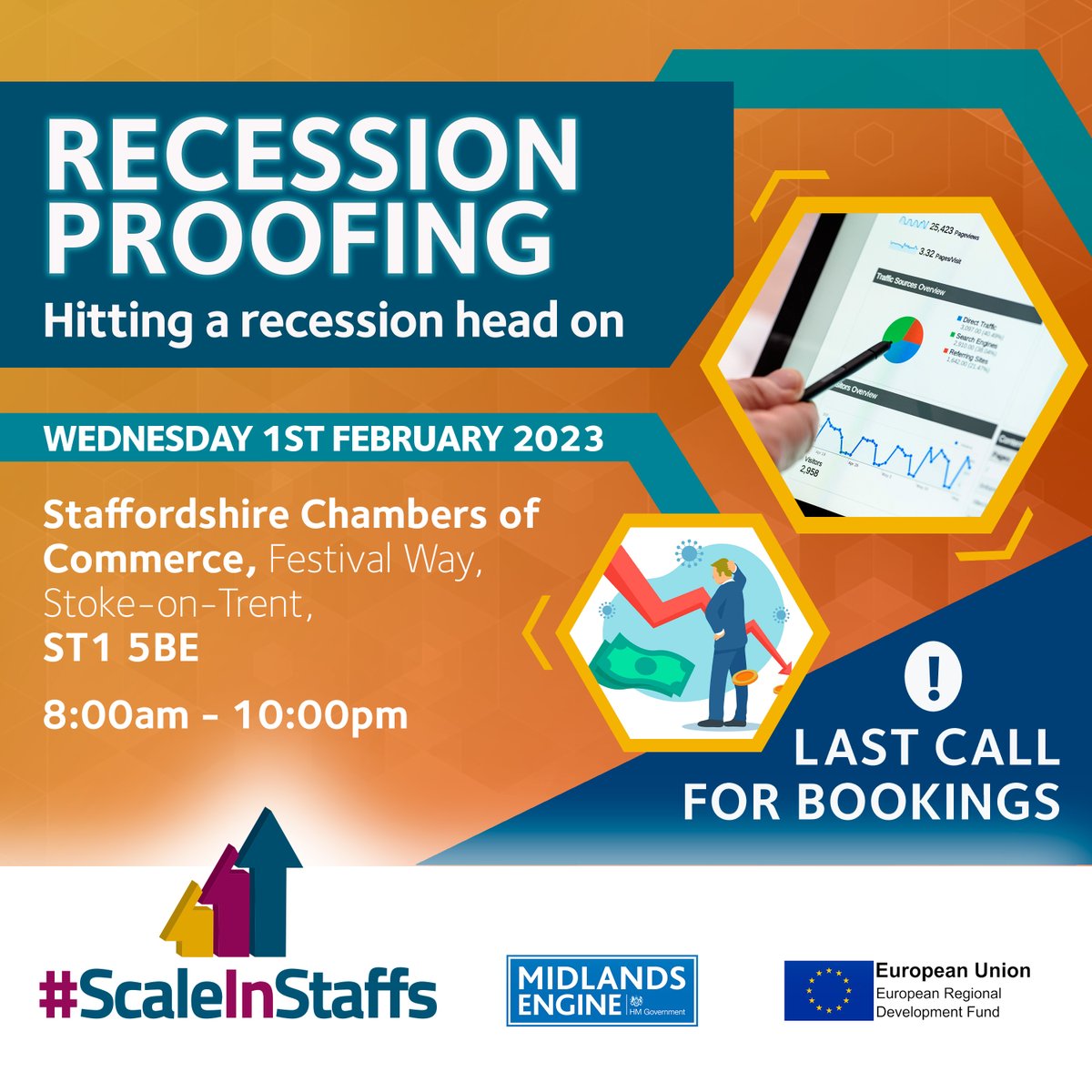 GrowthHubStaffs's tweet photo. Last chance to register your interest for our Recession Proofing Seminar!
Hosted alongside @StaffsChambers and @DJHMittenClarke, this is the first seminar in the series to help guide you through a recession.
Register for a place at: https://t.co/jtrglADBvu
#ScaleInStaffs https://t.co/tLXaQxJ2uH