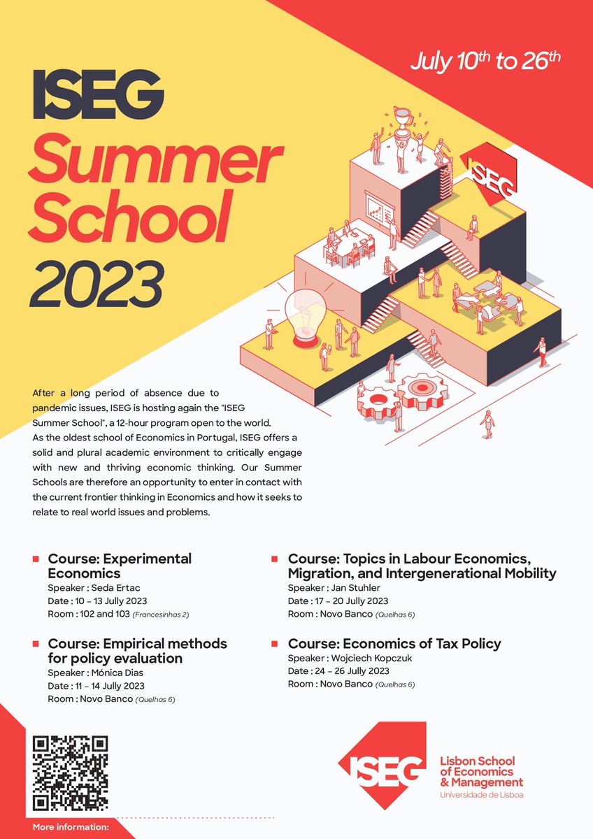 JPSantos_econ's tweet photo. 📢Join us for the 2023 @iseglisbon Summer School in Economics that will take place in person this July in the beautiful city of Lisbon 🇵🇹

Lecturers: Seda Ertac, Mónica Costa Dias, Jan Stuhler, and @wwwojtekk 

👉https://t.co/QanEgS57Fh

#econtwitter #lifeatISEG https://t.co/nKJdQ13u2O