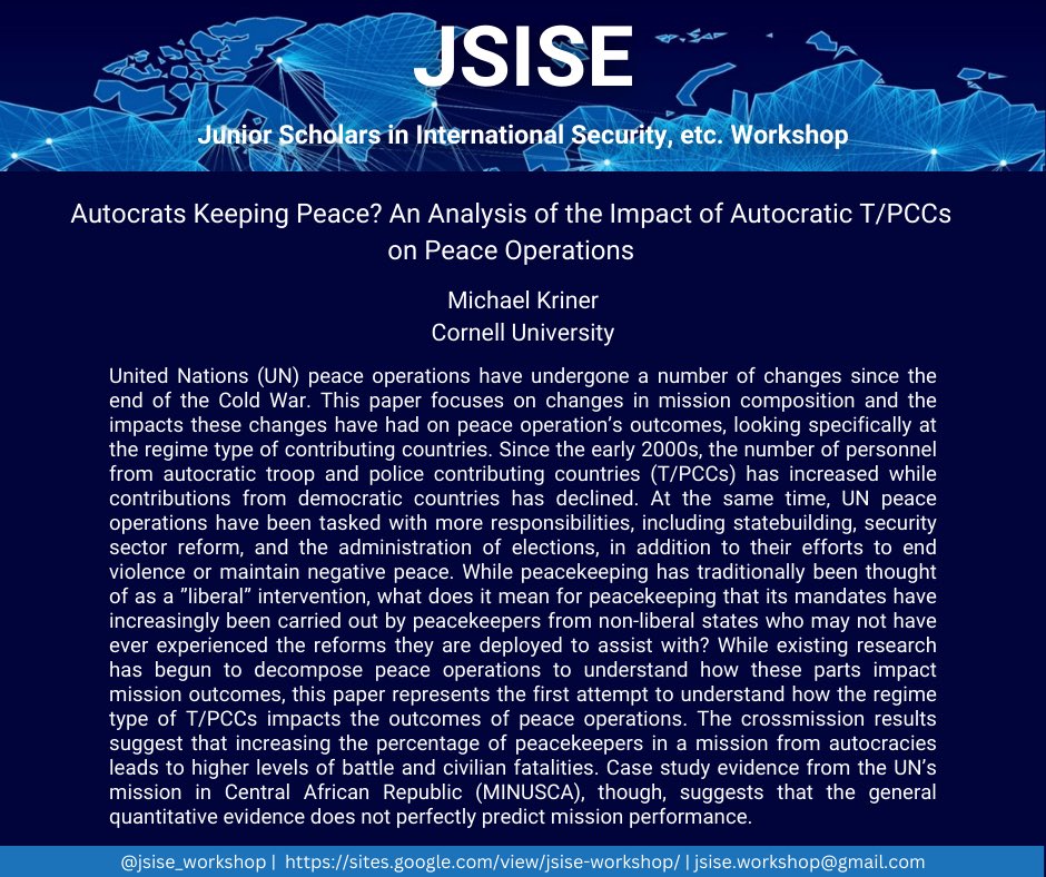 Join us for our next session tomorrow, January 31, 12-1pm ET, where @KrinerMike will present their job market paper on autocrats’ contribution efforts in UN peace operations.

DM us for the Zoom link or visit our website to join the mailing list. We look forward to seeing you!