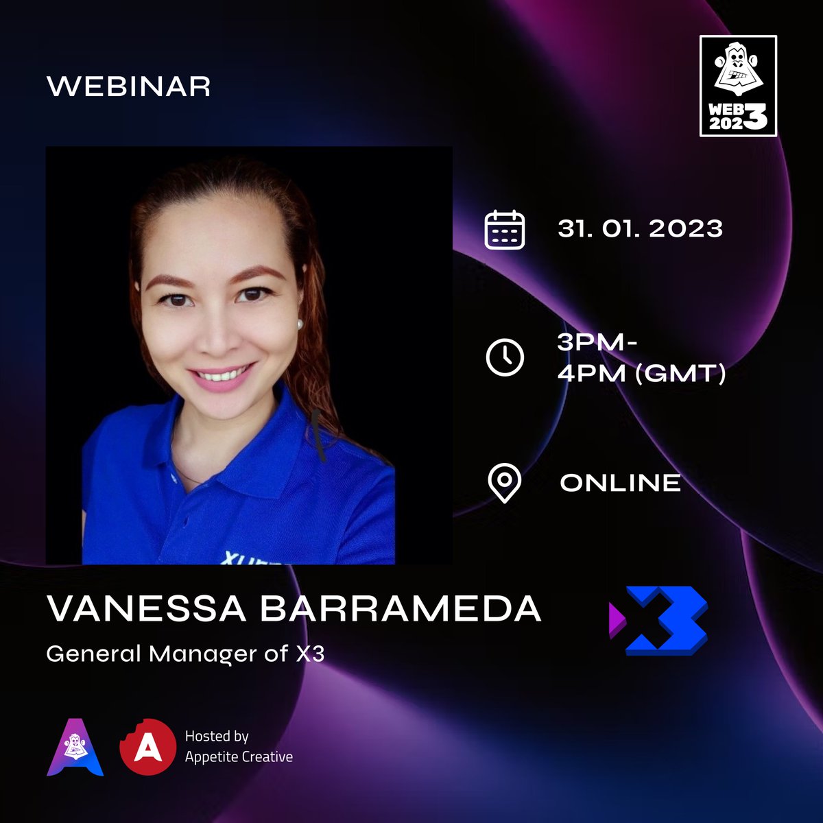 AppelinkAC's tweet photo. 📢 Meet Vanessa Barrameda 🤝 @vanbarrrameda 

Our 6th panelist for our #webinar:

“#WEB3 in 2023: The Revolution of #NFTs &amp; #P2Egames” 🚀🎮

🚨 TOMORROW 🚨
🗓 31/01/2023
⏰ 3:00 – 4:00 PM GMT
📌 #ONLINE
💸 #FREE

Sign up here: https://t.co/FwFKBeOiNc 🌐

Don’t miss out! 🔥 https://t.co/pMPYzhUeq4