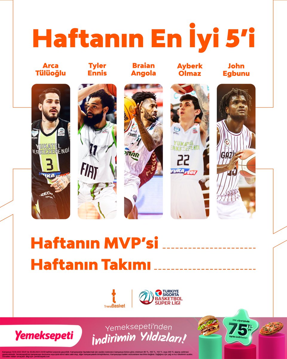TrendBasket's tweet photo. Türkiye Sigorta Basketbol Süper Ligi'nde haftanın en iyi 5'i 🌟

▪️ A. Tülüoğlu (@merkezefendigsk)
▪️ T. Ennis (@TofasSporKulubu)
▪️ B. Angola (@KSKBasket)
▪️ A. Olmaz (@merkezefendigsk)
▪️ J. Egbunu (@gantepbasketbol)

🧐 Sizce haftanın takımı hangisi ve MVP'si kim #ortaklık https://t.co/dp94N3kipU