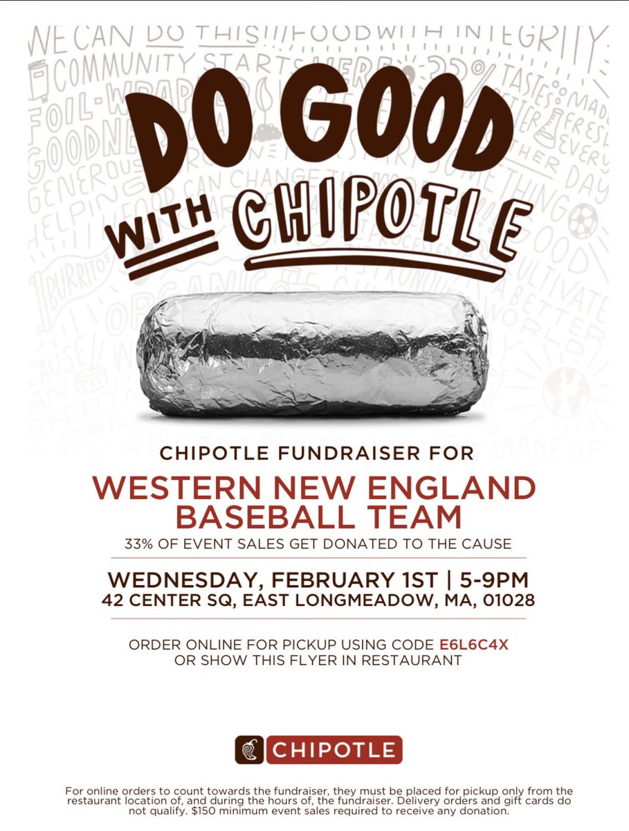 WNE_Baseball's tweet photo. This Wednesday (2/1) head to chipotle in East Longmeadow from 5-9 to help support the Western New England Baseball team! A percentage of sales will be donated to the baseball program! Look forward to seeing everyone there https://t.co/O1SzWFjmwQ