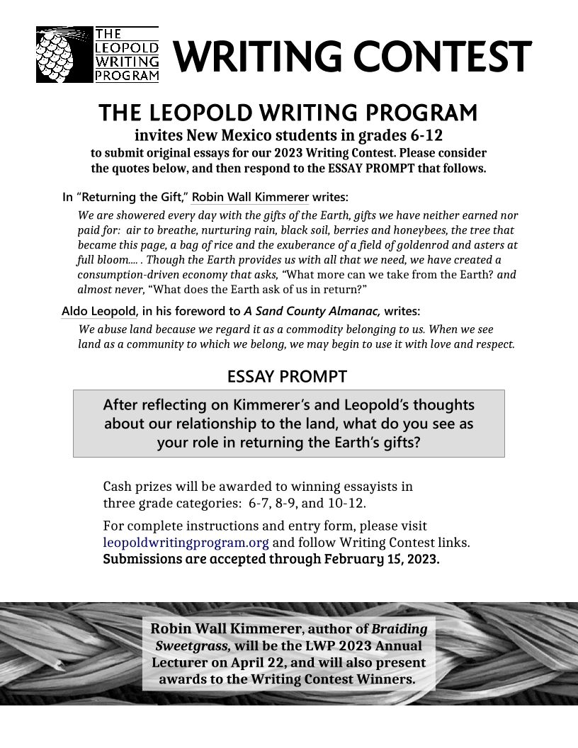 AldoLeopold_NM's tweet photo. The 2023 Aldo Leopold Writing Contest is open for entries from New Mexico 6-12 graders! Deadline is February 15. Info at https://t.co/bKBhjhIzOe @nmstatelibrary @ABQschools @NMPBS @NMPED @NEANewMexico @ABQJournal @bookworksabq @goldenapplenm https://t.co/oreouWLpW1