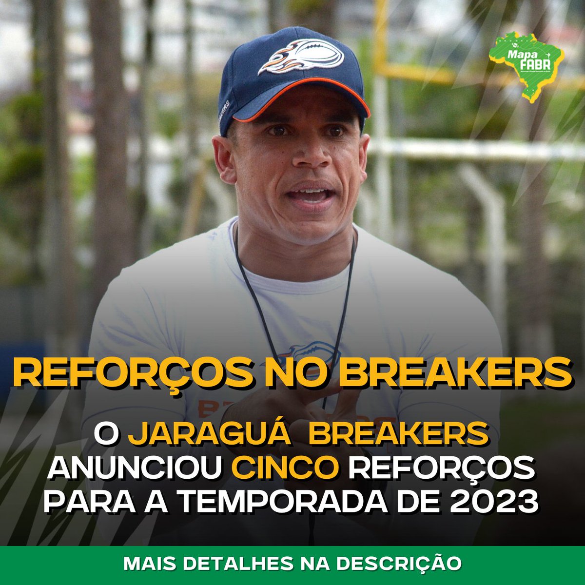 MapadoFABR's tweet photo. O Jaraguá Breakers começou a se movimentar para a temporada de 2023. Renovou com o Head Coach Clair José, anunciou José Velasque como seu novo DC e 5 jogadores:

🔹 César Cardoso (DB)
🔹 Heron Teixeira (DL)
🔹 Felipe Wagner (LB)
🔹 Caique Ferreira (QB)
🔹 Filipe Santos (OL/DL) https://t.co/yBjPMrJzoC