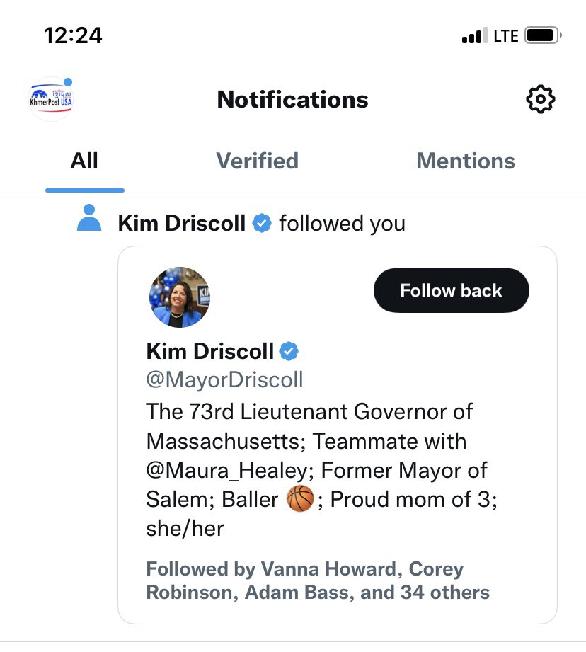 KhmerPostUSA's tweet photo. Thank you for the follow Lt. Governor @KimDriscollMA ❤️😍 https://t.co/767SeujTMP