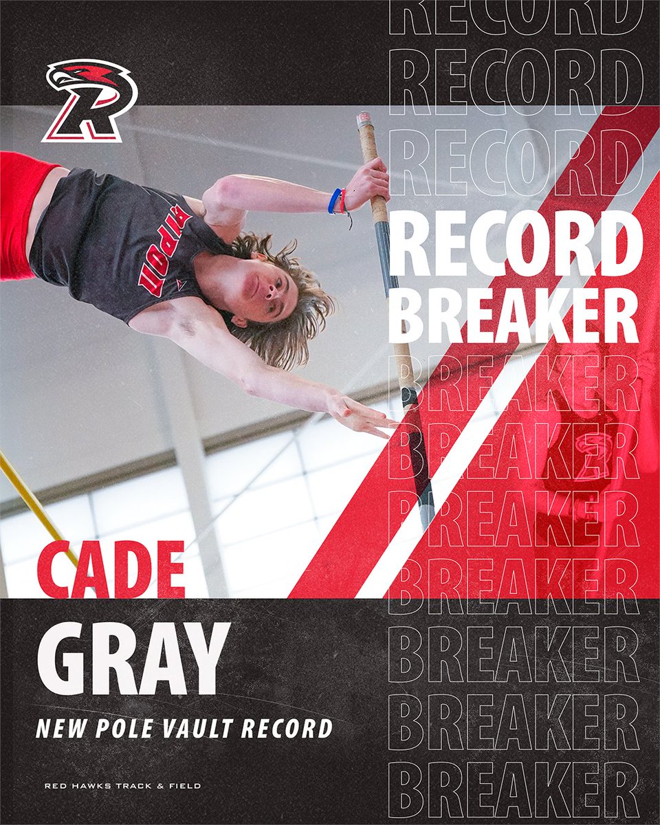 RiponRedHawks's tweet photo. He's done it again. For the third time this season, sophomore Cade Gray has set a new school record height for the men's pole vault. His latest: 16'5.75" is third in the nation for D3. Congratulations, Cade.

@RiponTrackXC https://t.co/lWy3rM4Xxt