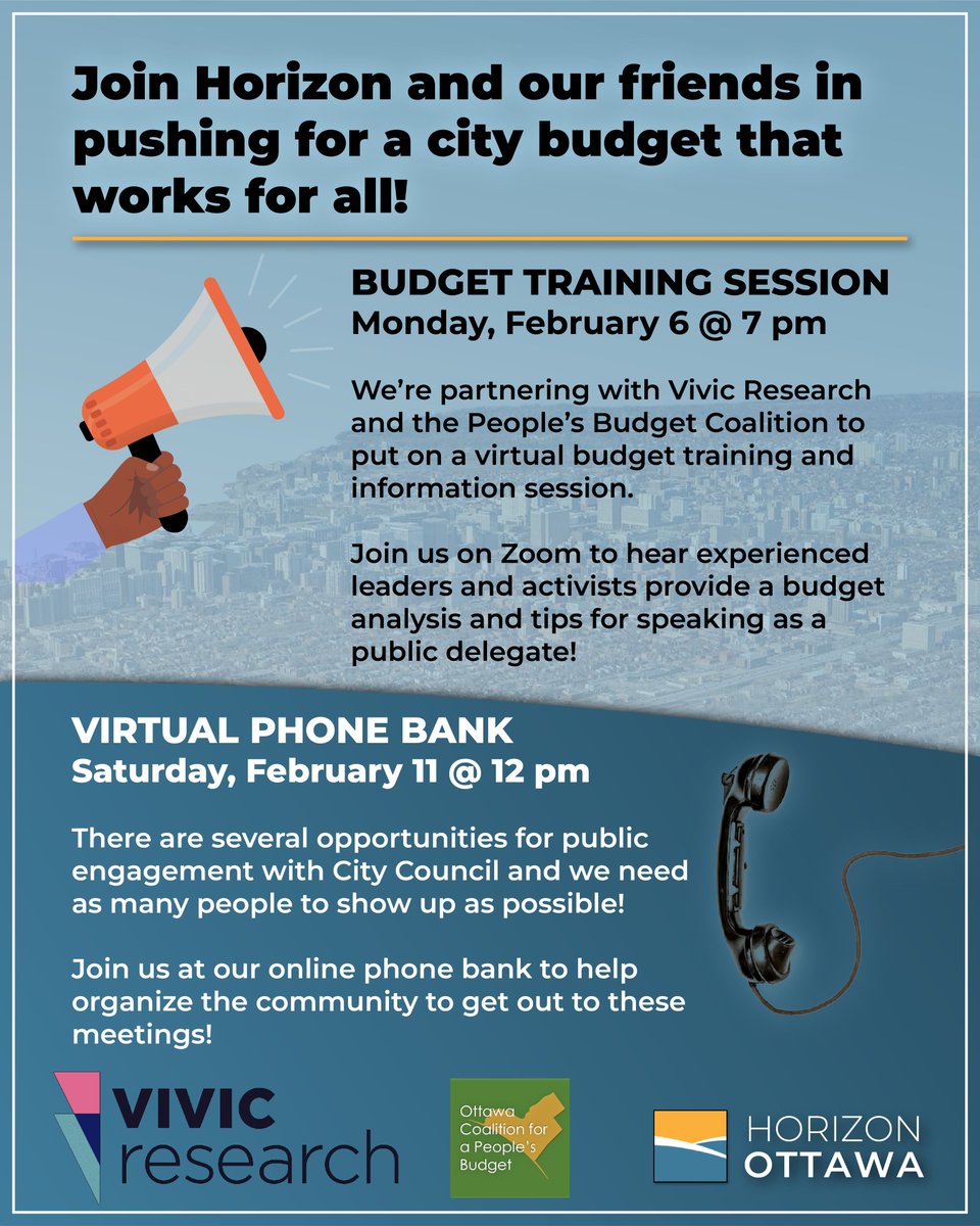 HorizonOttawa's tweet photo. In order to push back against an austerity budget, we need the community to come together to show we won't stand for it!

Register for our upcoming events to encourage public engagement and participation in the budget process:

https://t.co/v3rM61wQ7Y

https://t.co/mvASgL0AgZ https://t.co/XsAWTGocK0