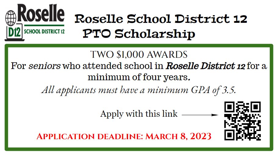 lpcollegecareer's tweet photo. The Roselle School District 12 PTO is pleased to announce they are INCREASING their two $500 scholarships to TWO $1,000 scholarships! 
Apply with this link: https://t.co/bCsVODcaJO https://t.co/zNXRGgdZBY