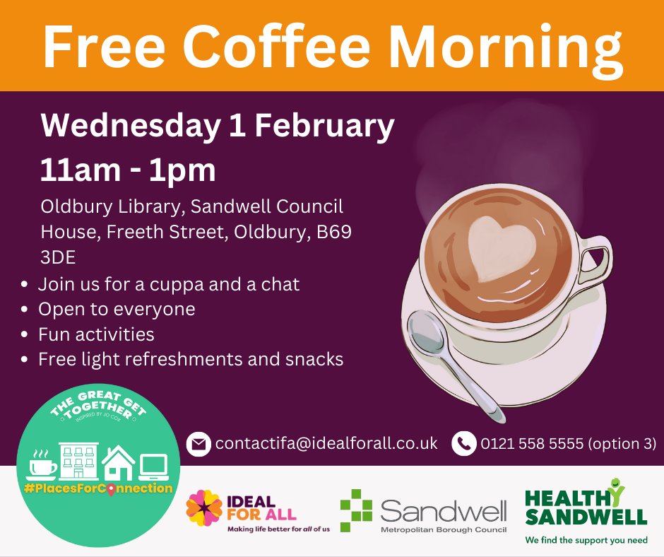 sandwellcouncil's tweet photo. ❤️As part of the Great Get Together we're hosting:

☕Free coffee morning 11am-1pm Wednesday at Oldbury Library
⭐Free workshops 10am-4pm Thursday at Central Library, West Bromwich
🤗Free afternoon social 1.30pm-3pm Friday at Tipton Library

#PlacesForConnection https://t.co/j5w0eqdEkw
