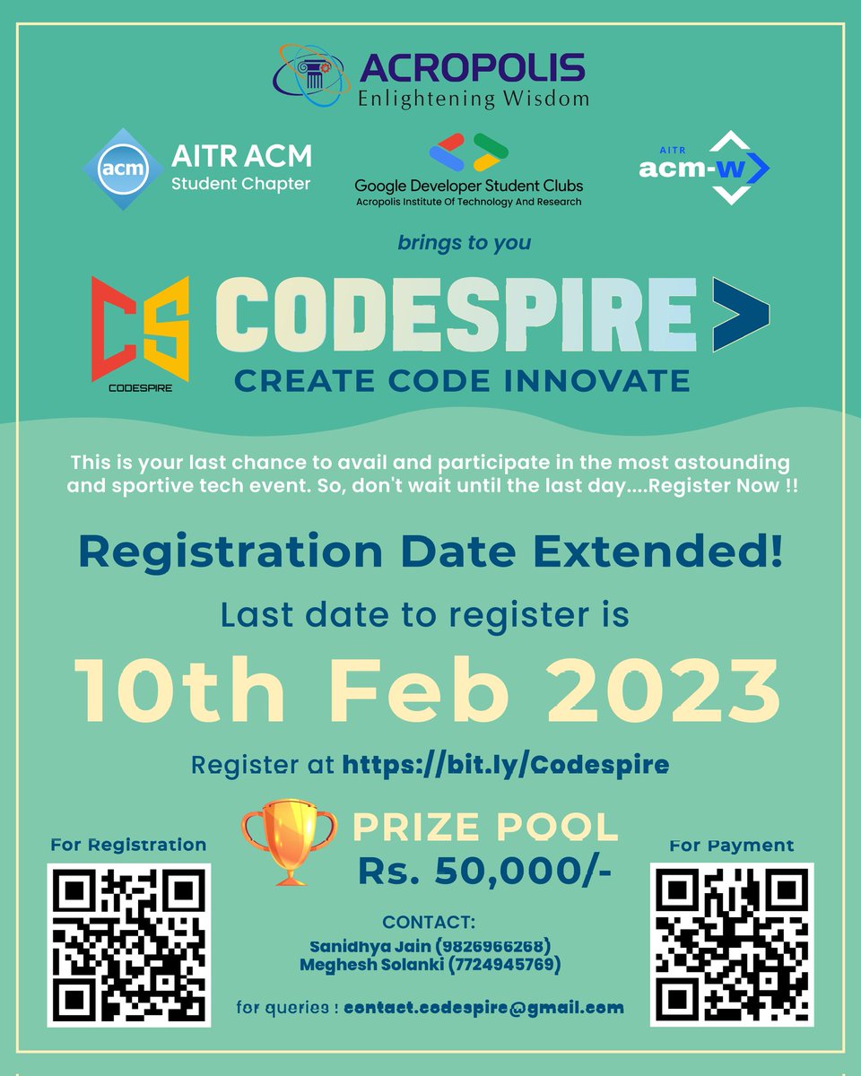 GDSCAITR's tweet photo. Hello Fellas!!💫

Seeing the great enthusiasm and anticipation among students, the last date for registration has bee extended !!🌟🌟

🔗 Link for registration: https://t.co/m8vfAMEfRW

This may be your last chance to be part of this outstanding event.

@AcropolisIndia @AITR_ACM https://t.co/kI30OiTx9S