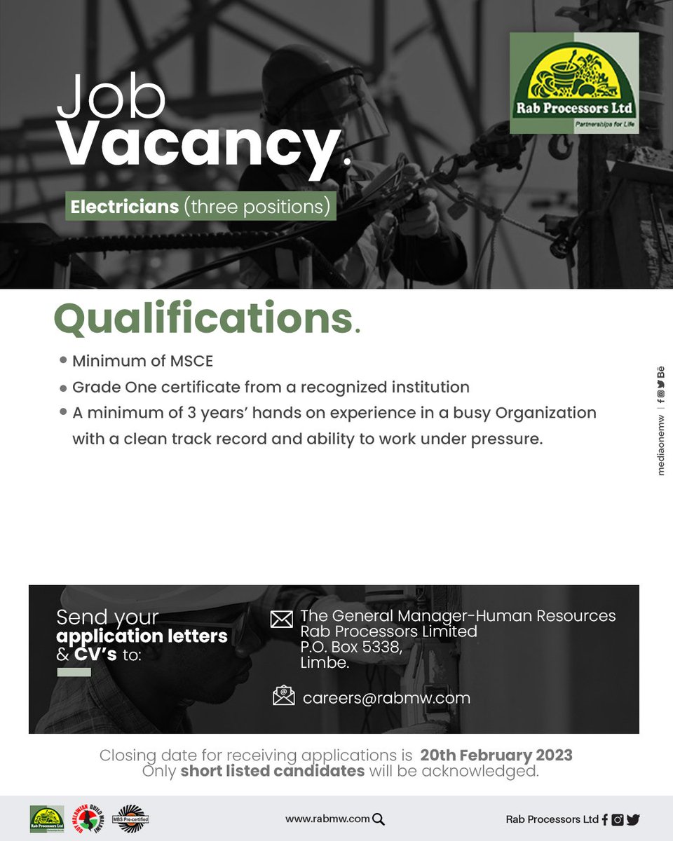 We're Hiring!

Inviting all eligible candidates to apply for the positions of ELECTRICIANS 

More information on the poster below!

#rabprocessors #malawi #wearehiring