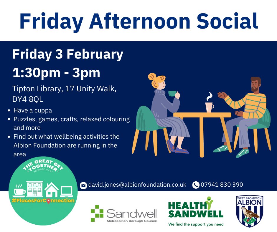 sandwellcouncil's tweet photo. ❤️As part of the Great Get Together we're hosting:

☕Free coffee morning 11am-1pm Wednesday at Oldbury Library
⭐Free workshops 10am-4pm Thursday at Central Library, West Bromwich
🤗Free afternoon social 1.30pm-3pm Friday at Tipton Library

#PlacesForConnection https://t.co/j5w0eqdEkw