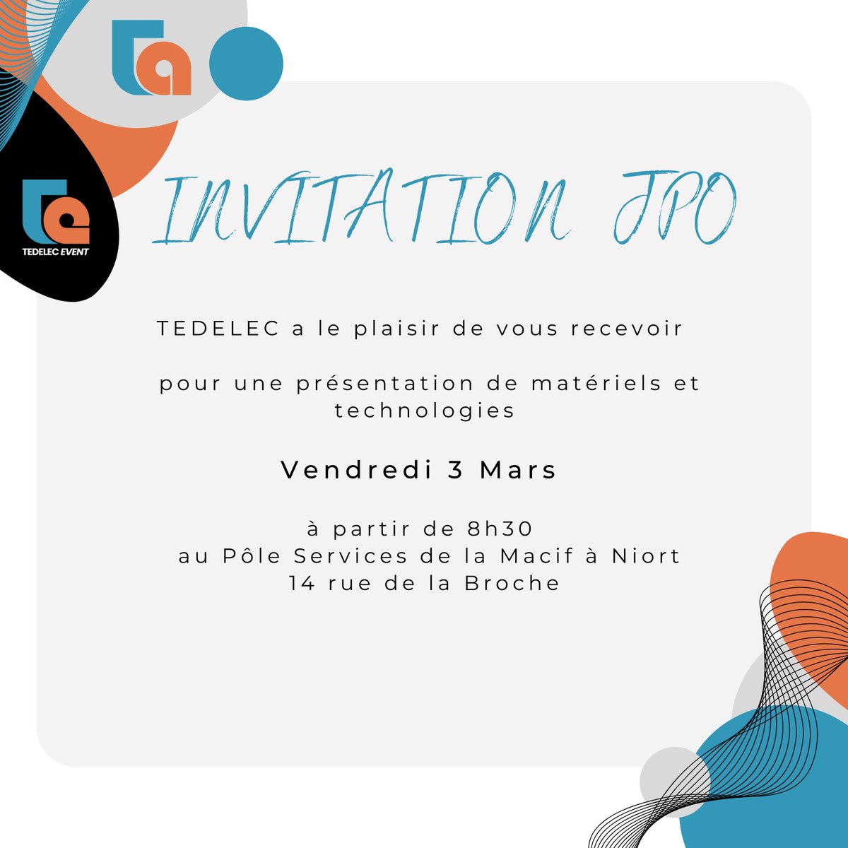 tedelecevent's tweet photo. Le 3 mars prochain, toute l’équipe Tedelec a le plaisir de vous accueillir pour une journée porte ouverte au Pôle Services de la MACIF.

Au programme, présentation de matériels et technologies audiovisuels, différents ateliers animés par nos fournisseurs et cocktail déjeunatoire https://t.co/1hXZqqy4Lt