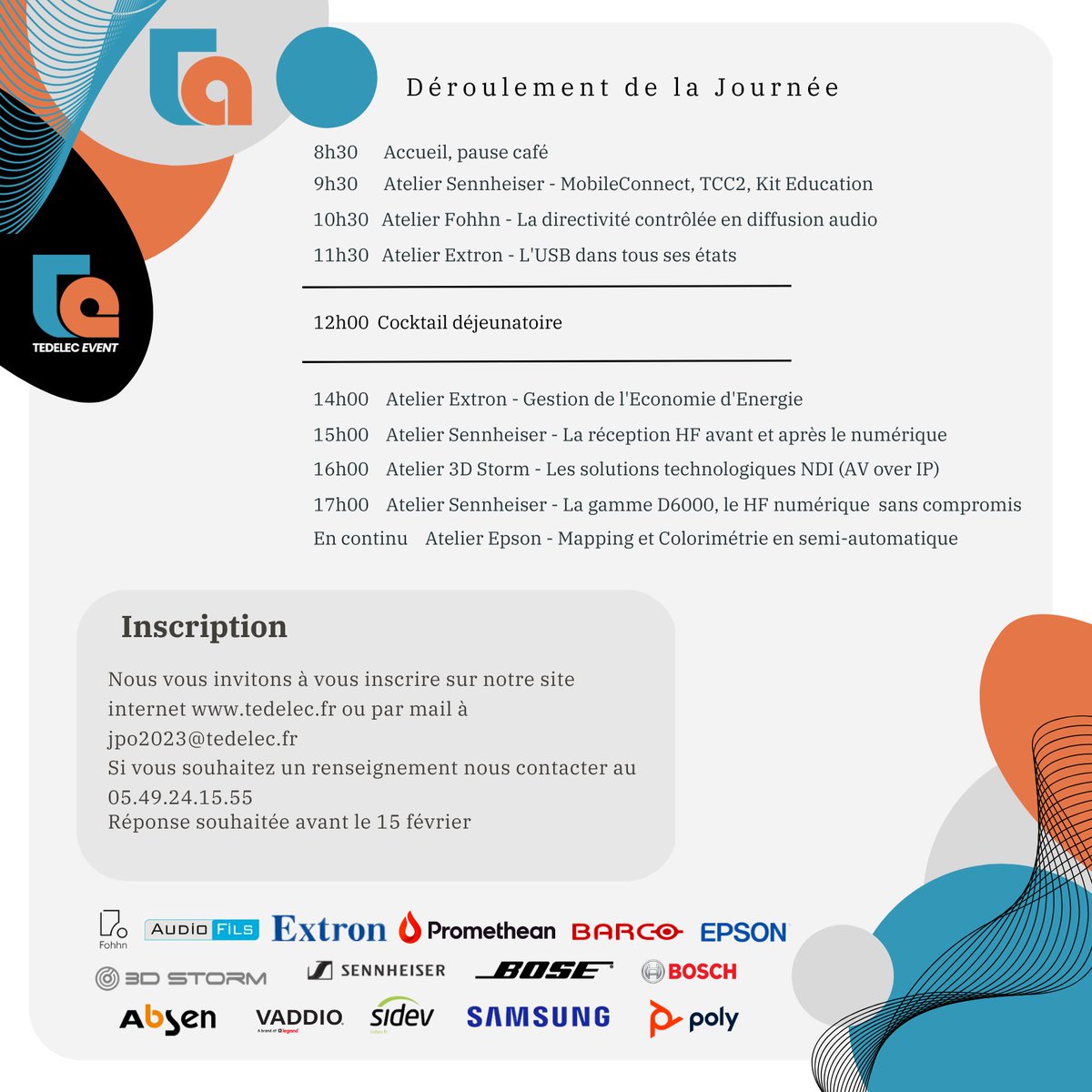 Le 3 mars prochain, toute l’équipe Tedelec a le plaisir de vous accueillir pour une journée porte ouverte au Pôle Services de la MACIF.

Au programme, présentation de matériels et technologies audiovisuels, différents ateliers animés par nos fournisseurs et cocktail déjeunatoire