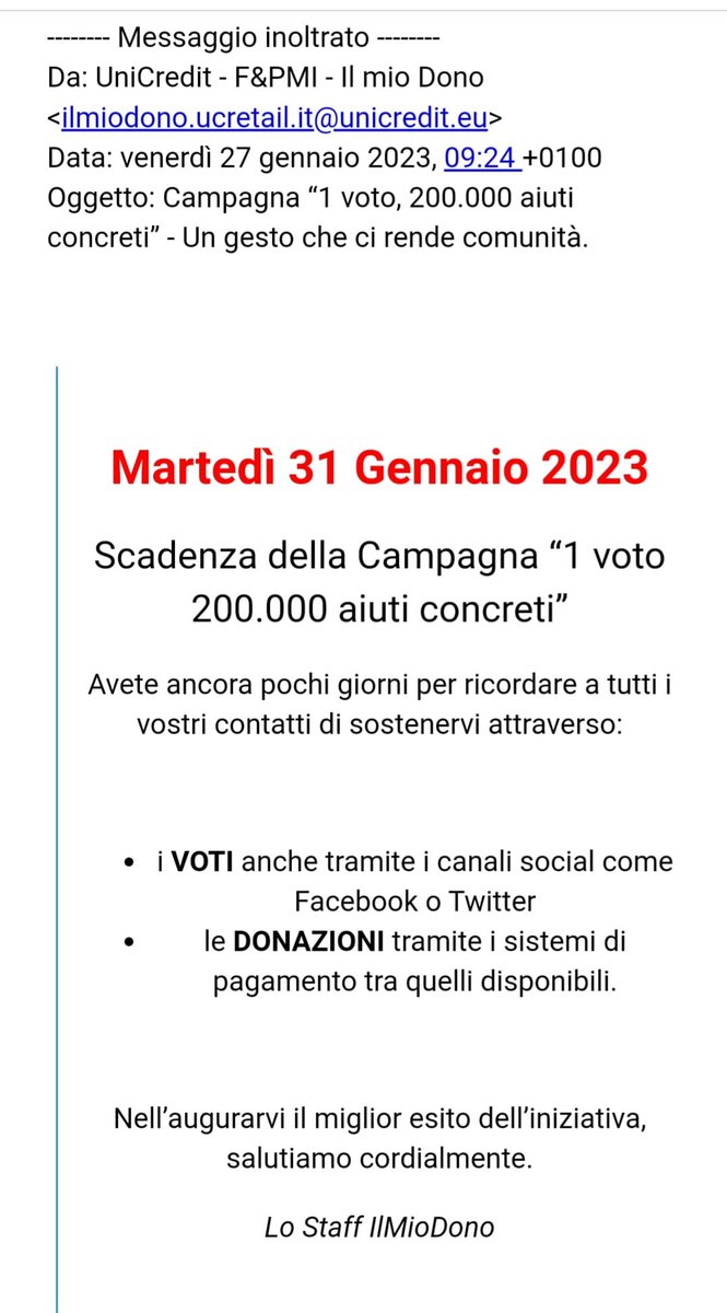 Scatto finale per la corsa a "Il mio dono"  . Campagna " 1 voto  200.000 aiuti concreti". Non facciamoci superare .....