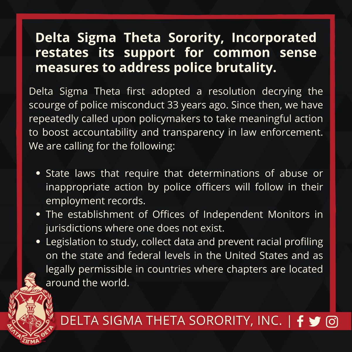 dstinc1913's tweet photo. Delta Sigma Theta restates its support for common sense measures to address police brutality. 

Full Statement: https://t.co/k2JDiXwpJf

#DST1913 https://t.co/BM03L227jB