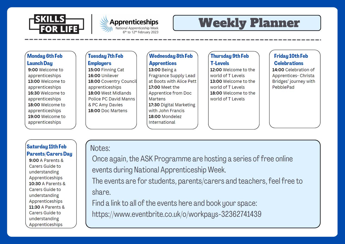 Next week is #NationalApprenticeshipWeek ! Every day the ASK Programme are going to be hosting free online events. Click here to book on: eventbrite.co.uk/o/workpays-323… #post16 #apprenticeships