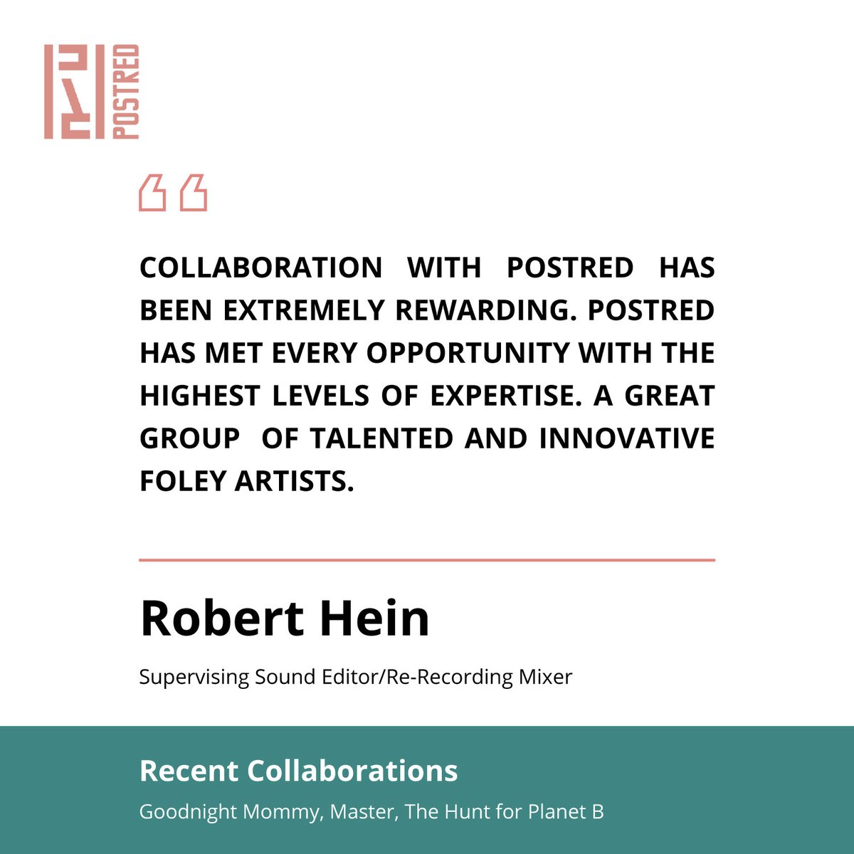 POSTRED_Audio's tweet photo. We are excited to share Supervising Sound Editor/Re-Recording Mixer Robert Hein's thoughts about working with POSTRED ✨

#sounddesign #foley #testimonial #sound #film #postproduction https://t.co/nwSFZVzklE