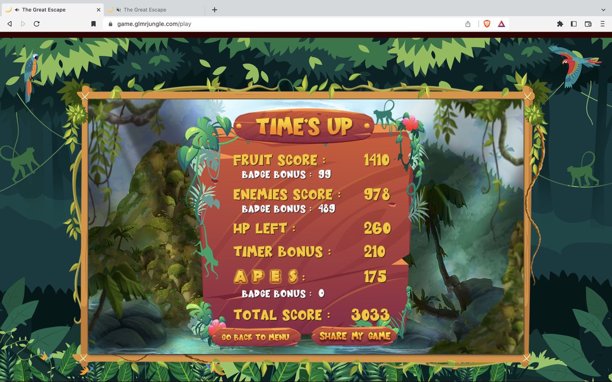JerrellsWorld's tweet photo. LFG!!! With over 51000 games played on @GLMRJungle The Great EscApe I have just got the highest score ever achieved ๐๐ฅ
3033 points just beating @williaam26 score of 3024!
Had to tweet it before @williaam26 and @Since8ty4 beat it ๐
#LFG #glmrapes #glmrjungle #p2e #moonbeam https://t.co/VHD2EfWdCR