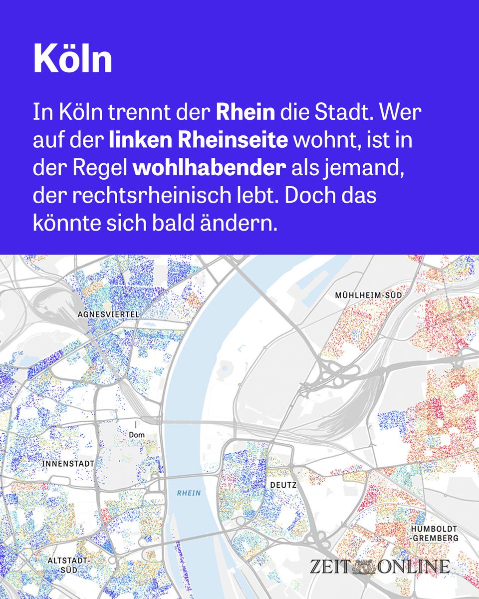 DIEZEIT's tweet photo. Wo verlaufen in den Städten die Grenzen zwischen Arm und Reich? ZEIT ONLINE hat Einkommensschätzungen ausgewertet und für alle 80 Großstädte mit mehr als 100.000 Einwohnern visualisiert. Hier zu sehen: Köln. https://t.co/yNDi69vMR6 https://t.co/Z8ep1n1PG3