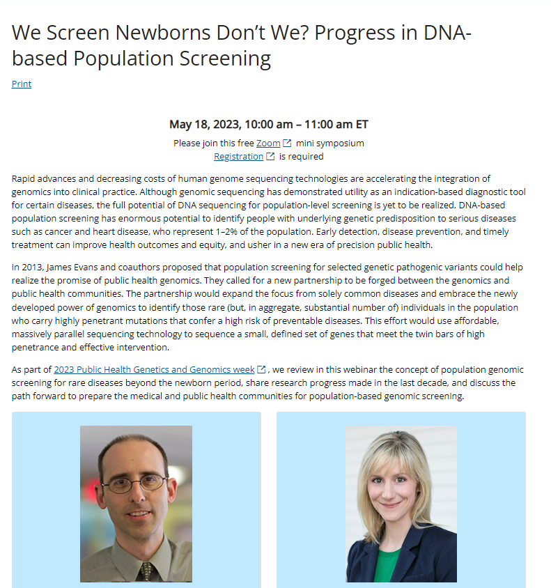 CDC_Genomics's tweet photo. During Public Health Genetics and Genomics Week, we will be hosting our virtual webinar on May 18, 2023: " We Screen Newborns Don’t We? Progress in DNA-based Population Screening." Register TODAY. https://t.co/5J5zgrfyRz https://t.co/5rcRaINCQv