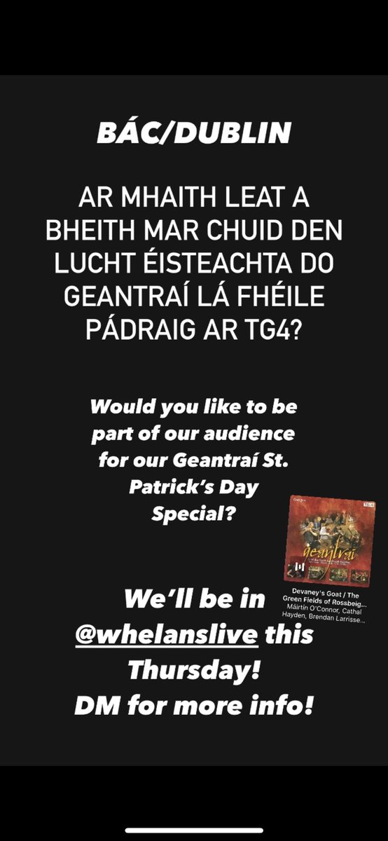 Ar mhaith leat a bheith sa lucht éisteachta?
Want to join our audience? Get in touch! 
<a href="/teadamusic/">Téada</a> <a href="/TheKilkennys/">The Kilkennys ☘️</a> <a href="/cherishtheladi1/">cherishtheladies</a> <a href="/caoimhinoragha1/">Caoimhín Ó Raghallaigh</a> <a href="/PaulineScanlonX/">Pauline Scanlon</a>