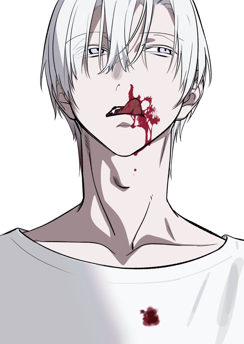 1boy blood blood on face collarbone hair between eyes looking at viewer male focus  illustration images